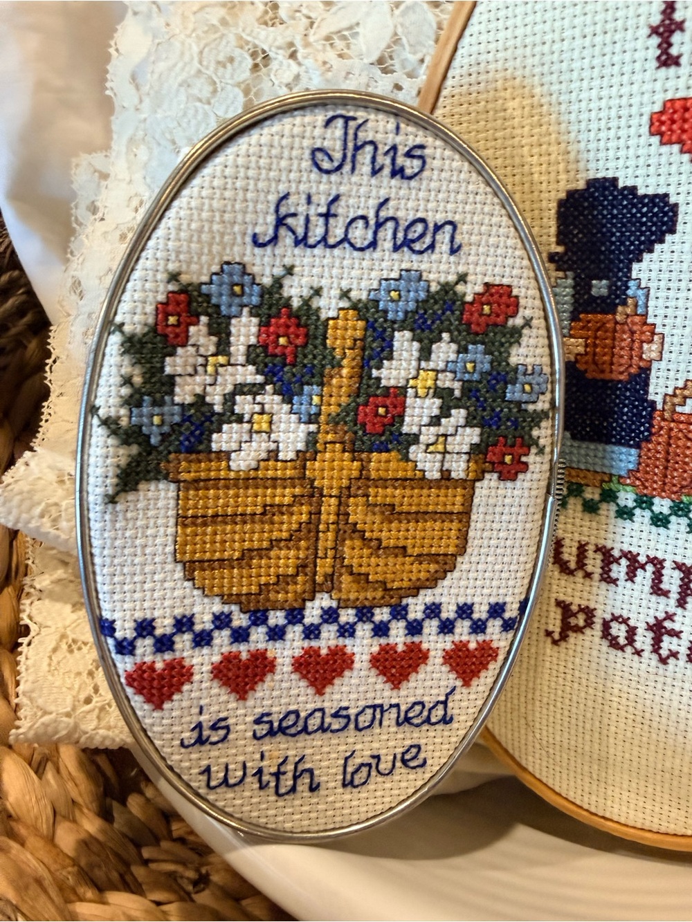 Kitchen Cross-Stitch Wall Art - Floral Basket Design